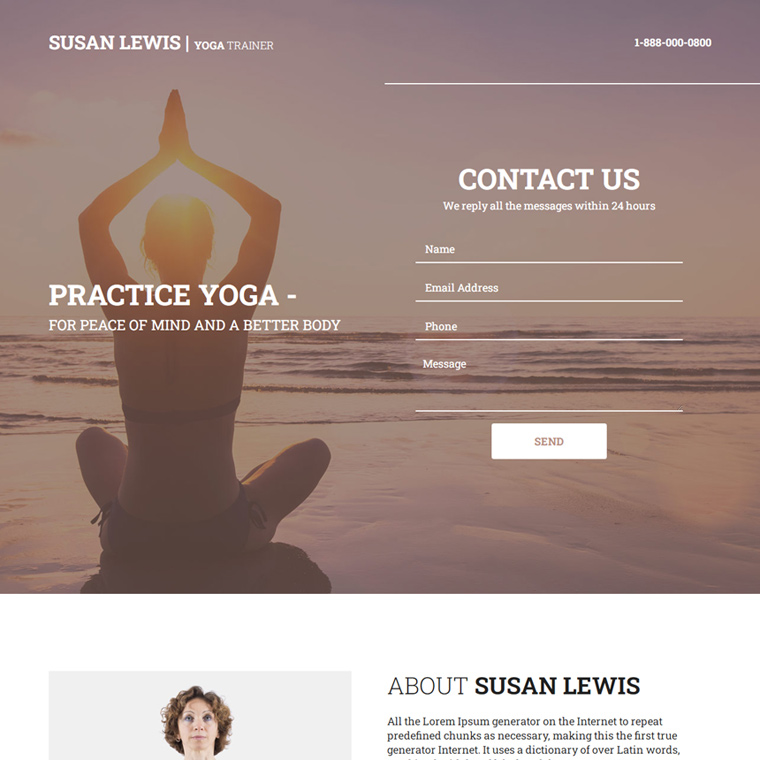 personal yoga trainer lead capture landing page Health and Fitness example