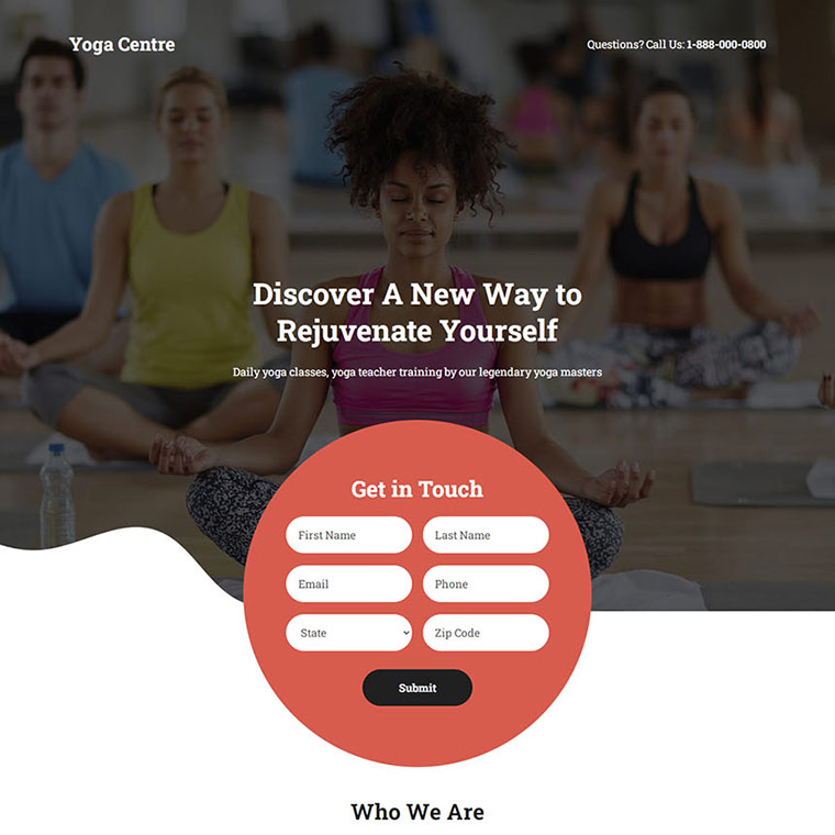 yoga training centre lead capture responsive landing page Health and Fitness example
