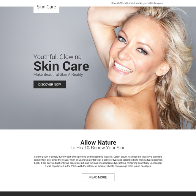 youthful glowing skin care responsive landing page design
