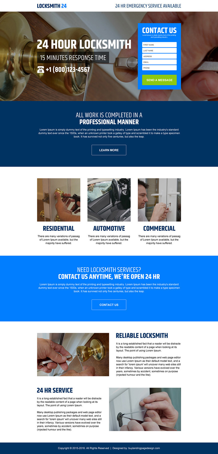 24 hours locksmith service converting landing page design