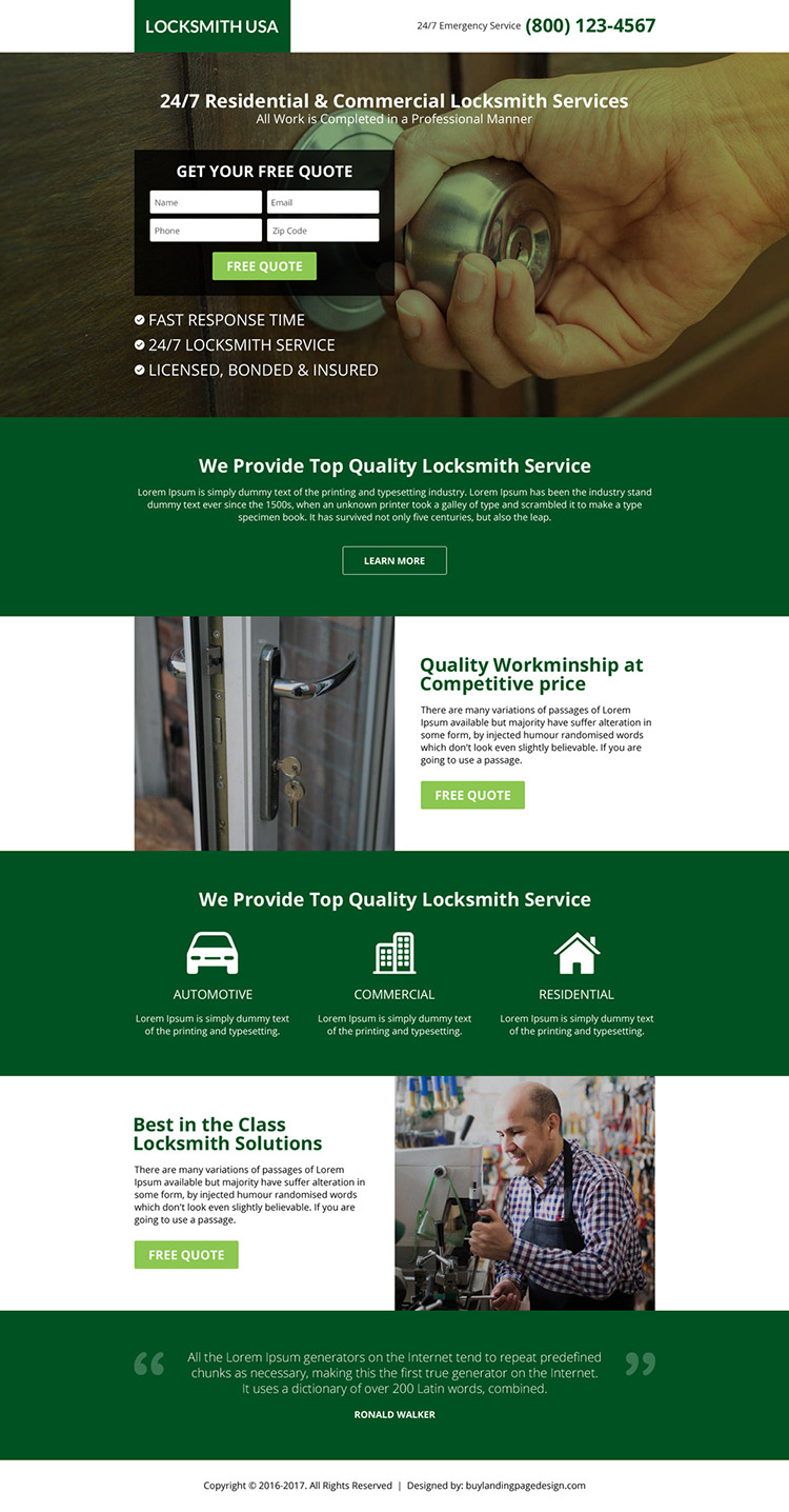 USA locksmith service responsive lead capturing landing page