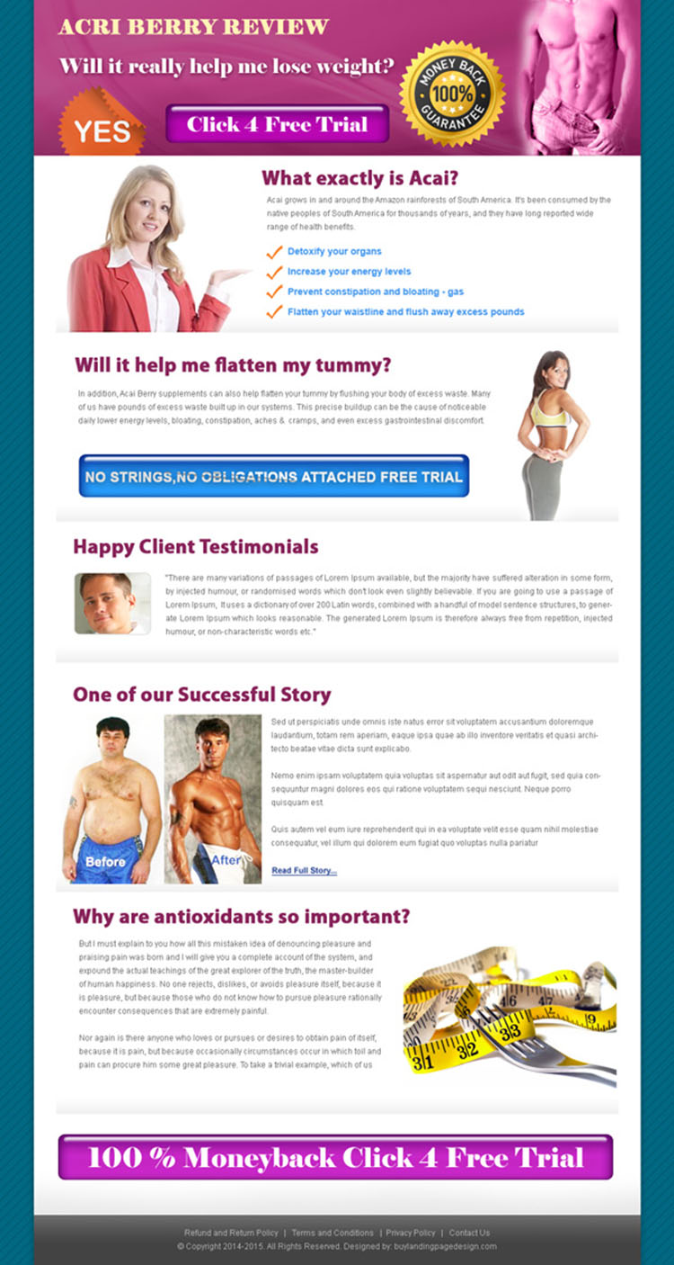 acai berry product review click for free trial landing page design