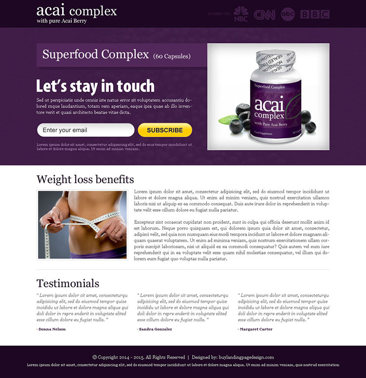 acai berry superfood complex email subscription landing page design