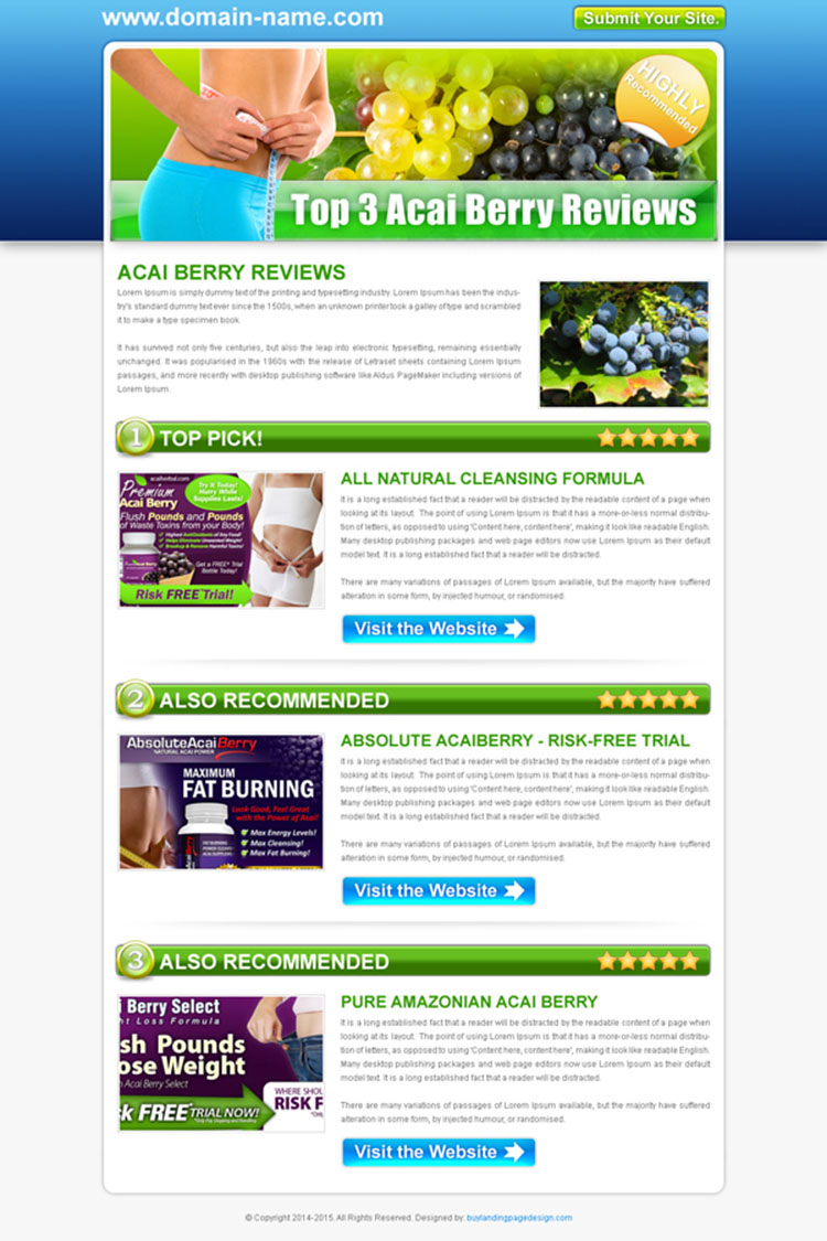 top 3 acai berry review type html converting landing page design template