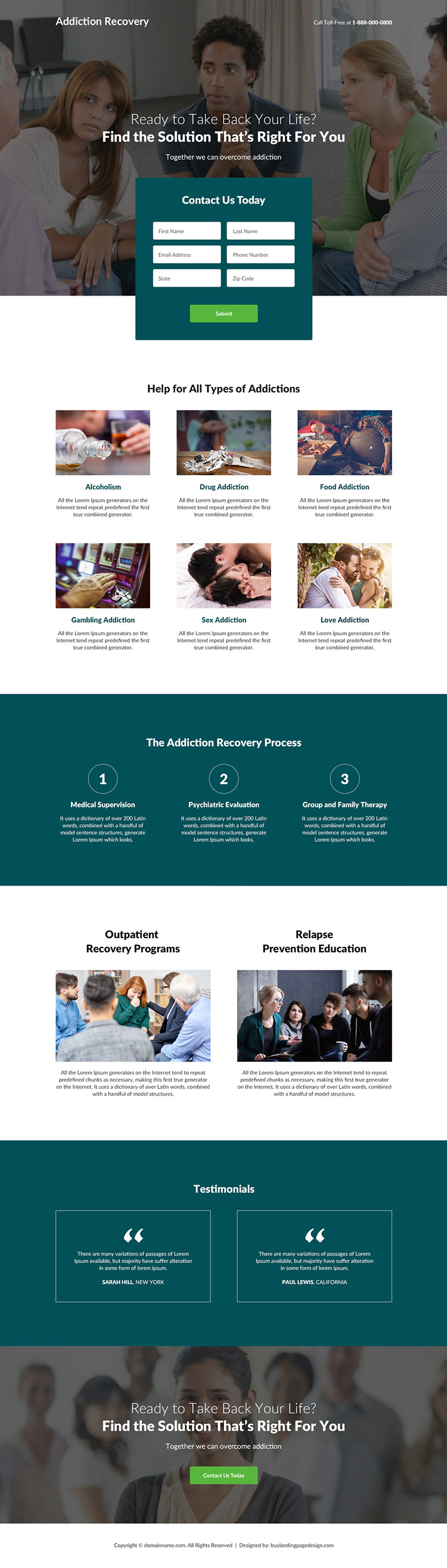 addiction recovery and treatment center landing page design
