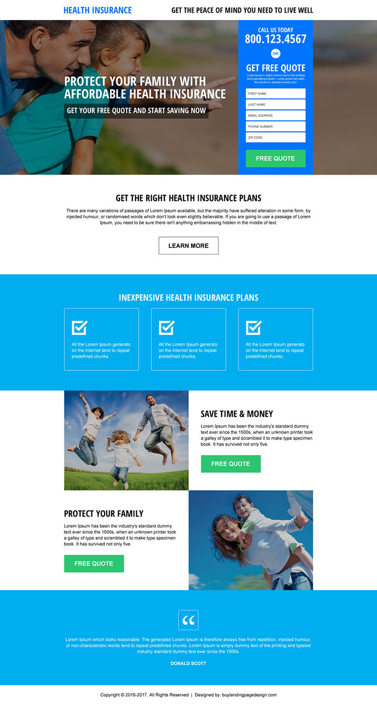 affordable health insurance quote responsive landing page design