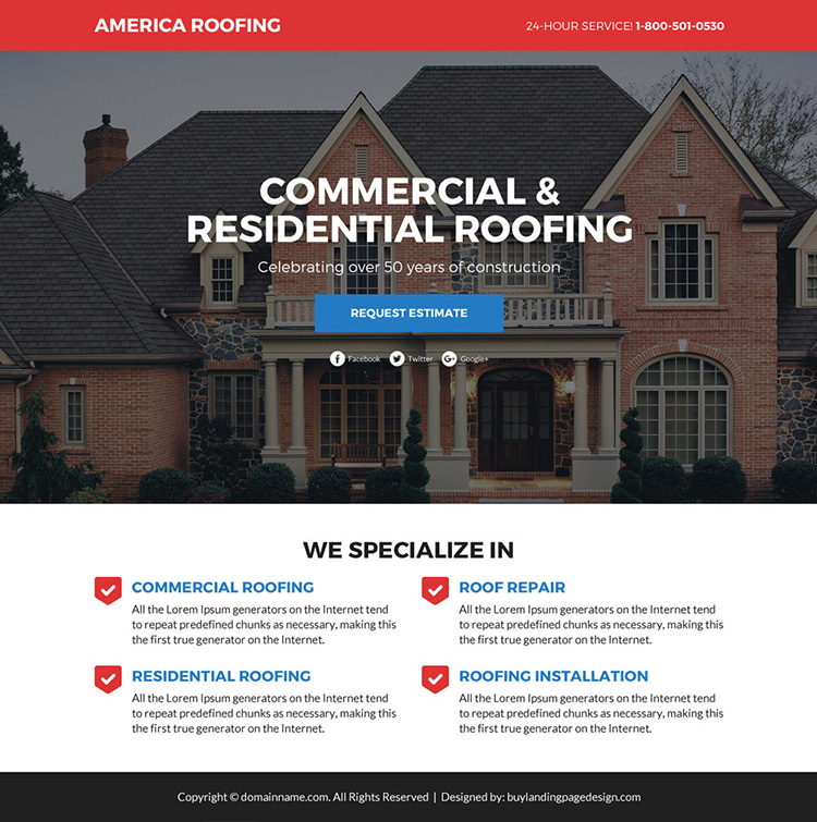 commercial and residential roofing services funnel landing page design