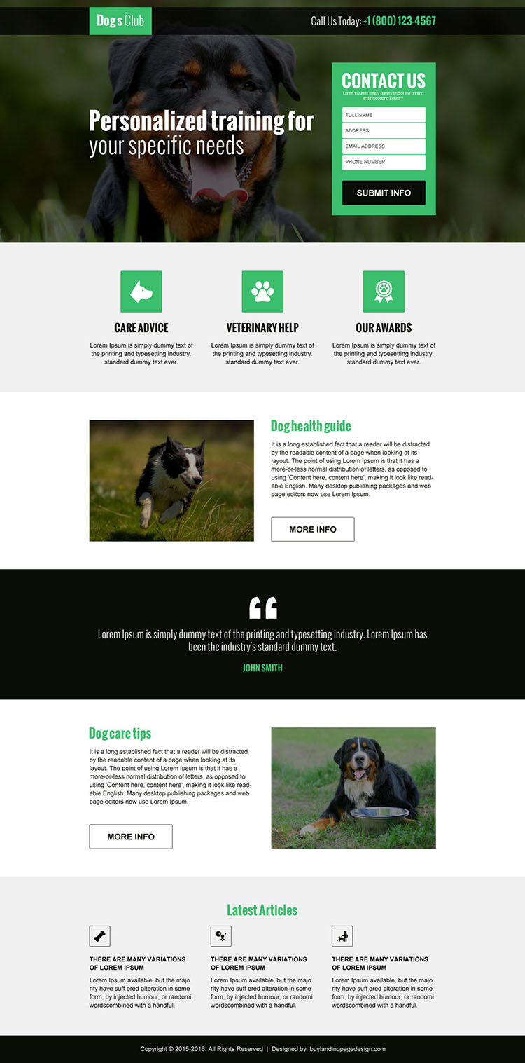 animals and pets club lead gen landing page design