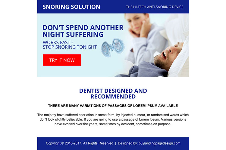 anti snoring device selling ppv landing page design