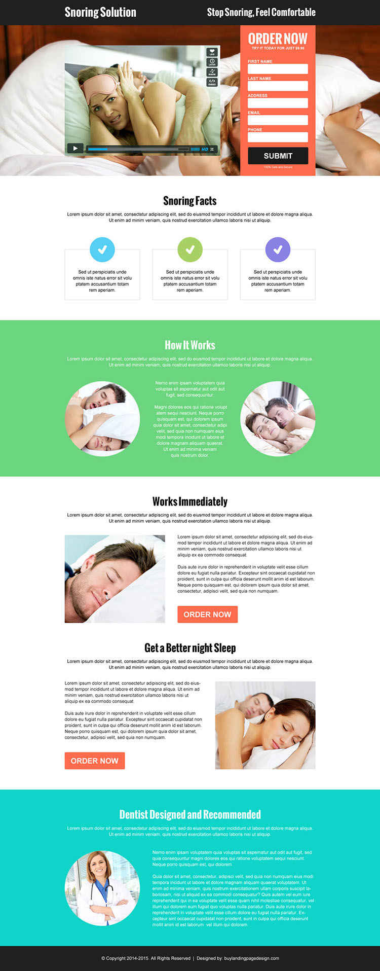 anti snoring lead capture responsive video landing page design