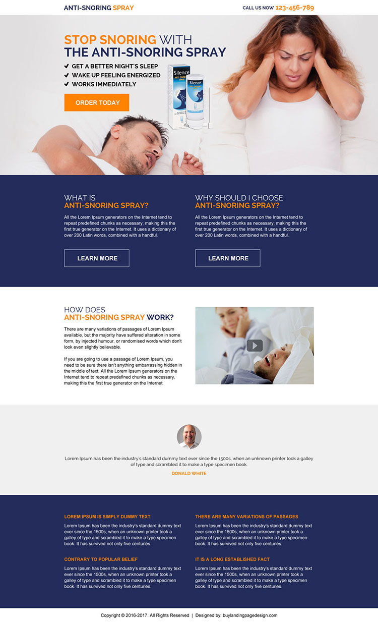 anti snoring spray product selling responsive landing page design