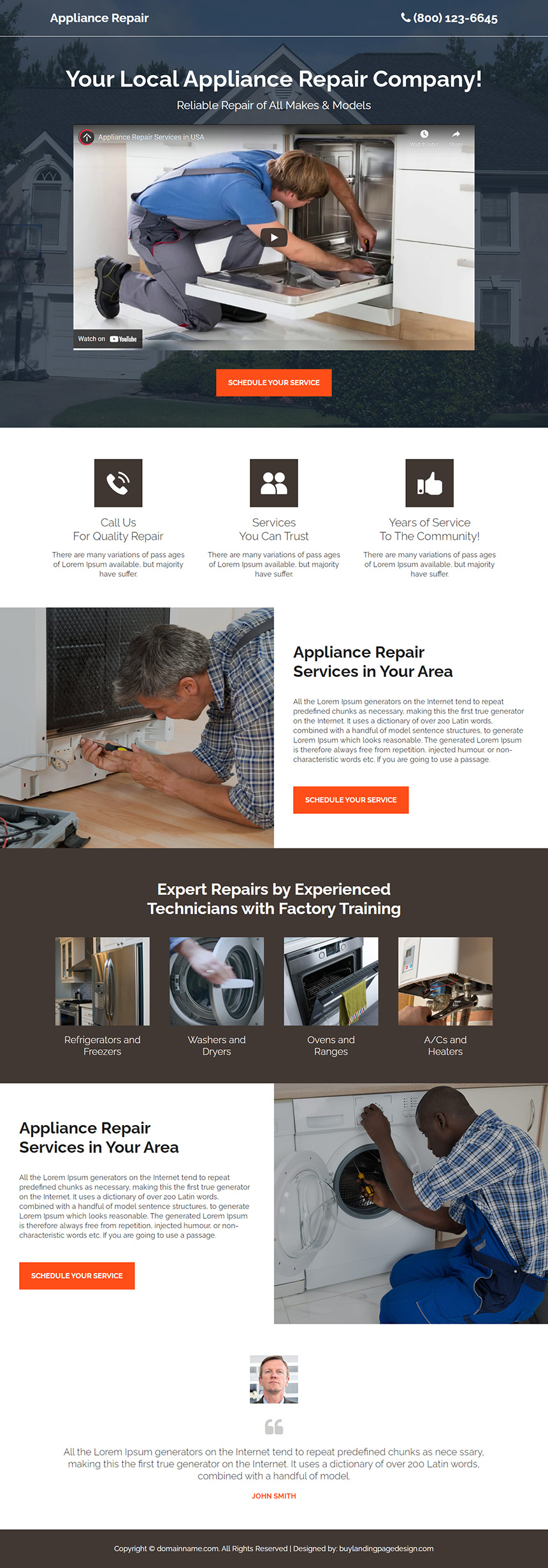 appliance repair company lead capture video landing page