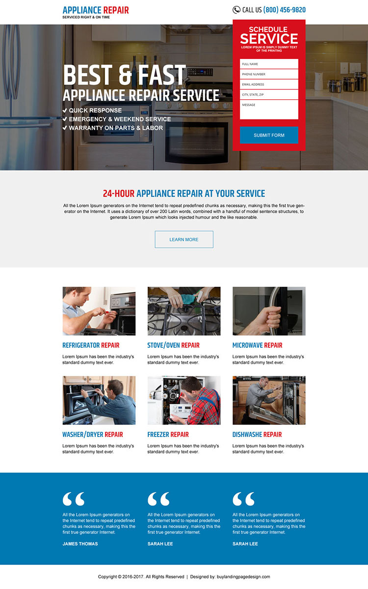 appliance repair responsive landing page design