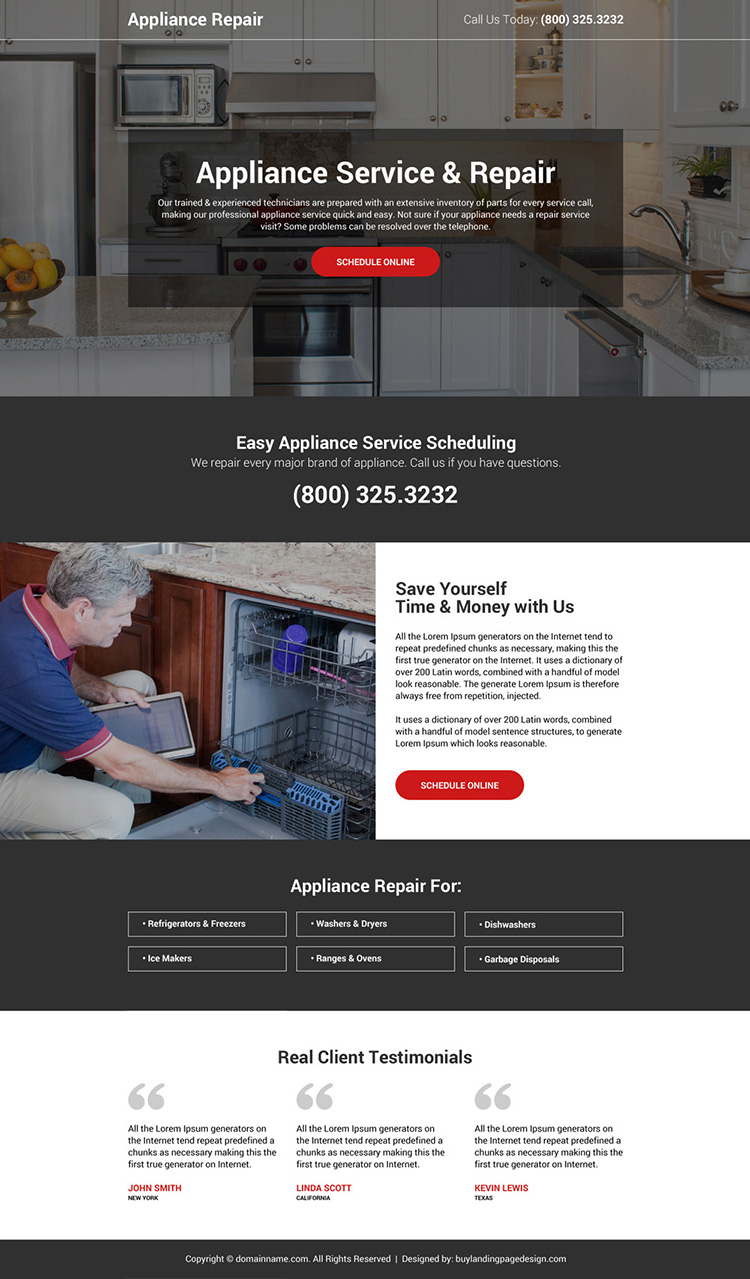 responsive appliance repair service lead gen professional landing page