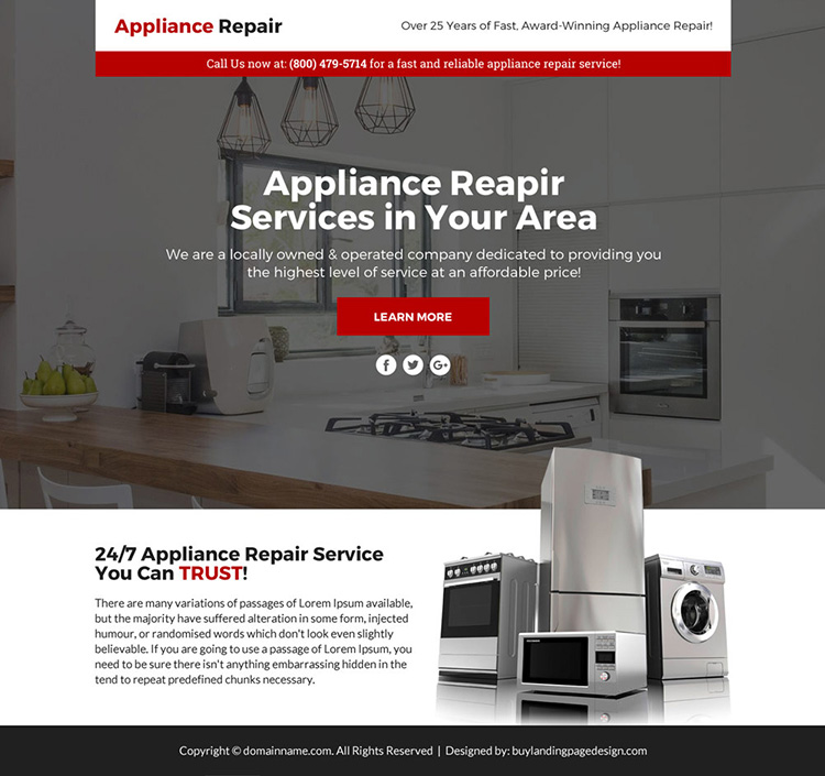 appliance repair service responsive sales funnel page design
