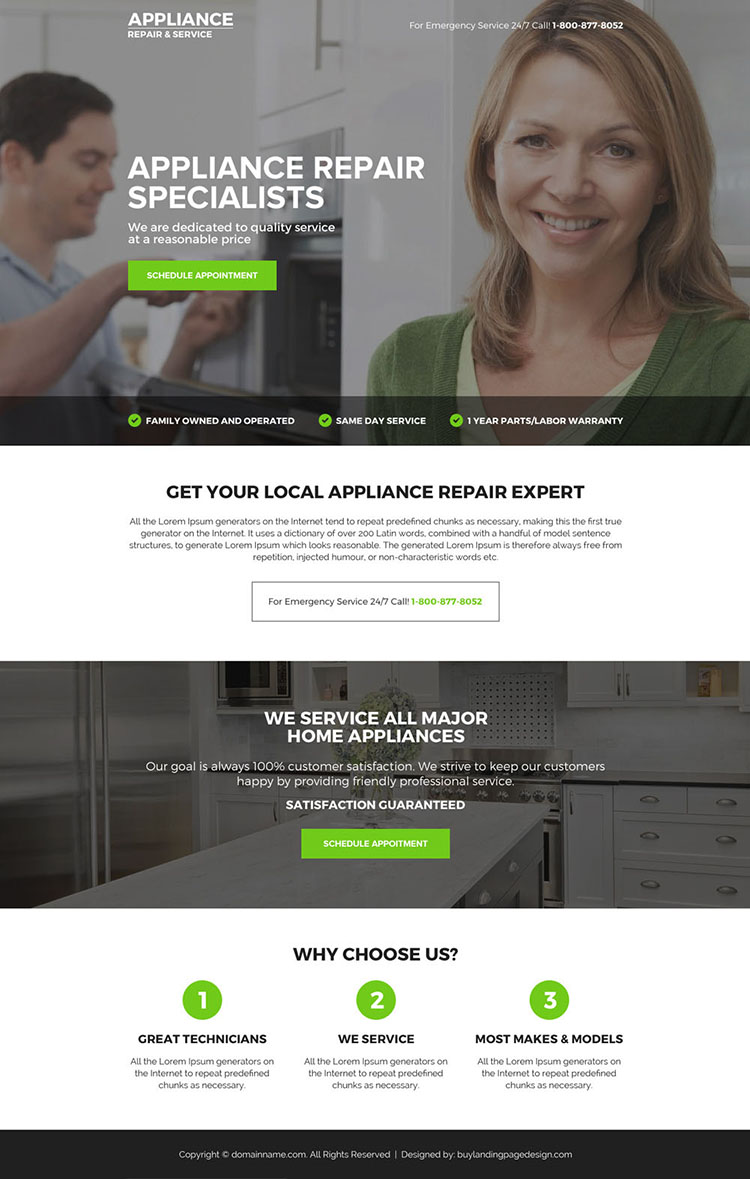 appliance repair specialist mini call to action landing page