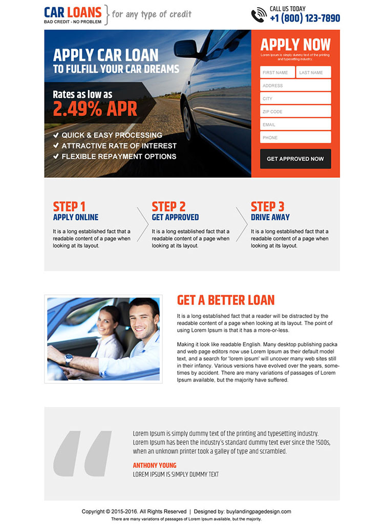 clean car loan responsive landing page design template