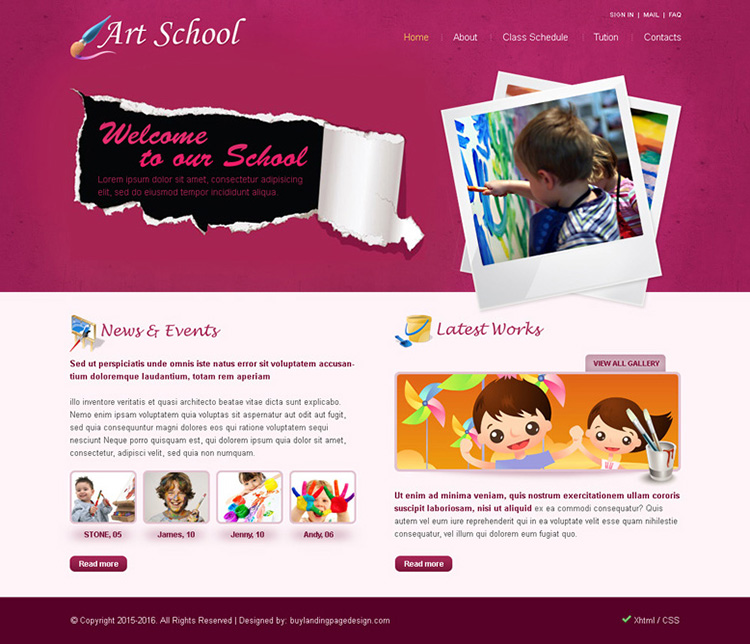 art school website template psd for sale