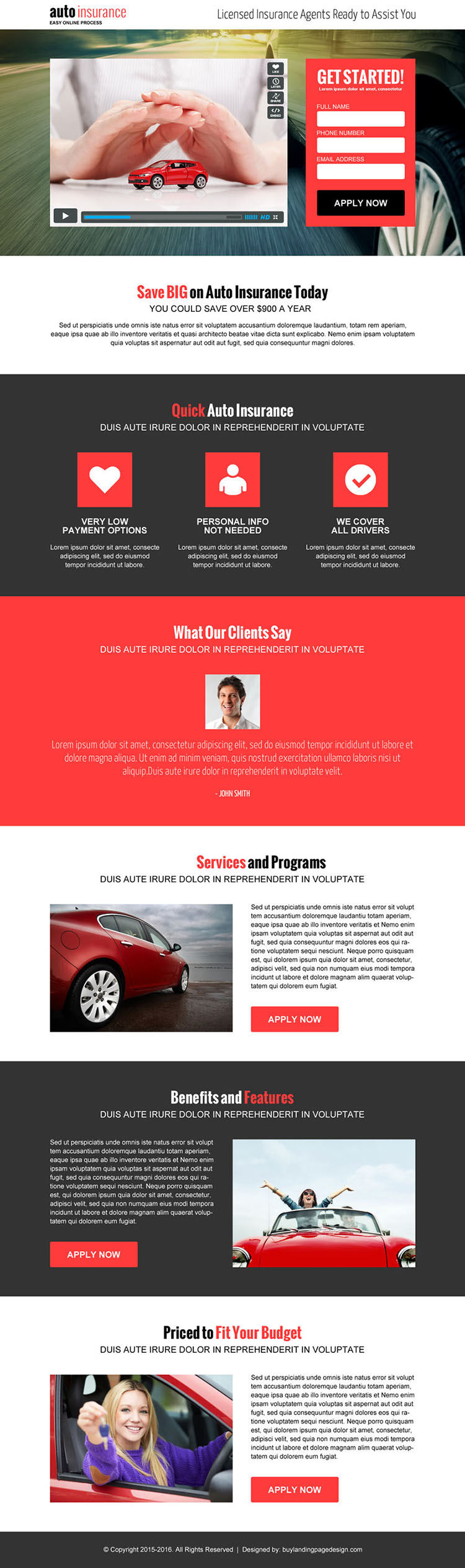 auto insurance responsive video landing page design