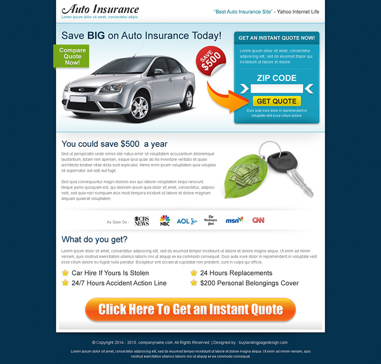 auto insurance search by zip code landing page design