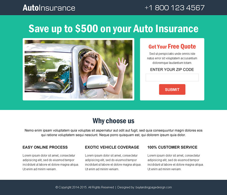 auto insurance free quote clean and simple lead gen responsive landing page design