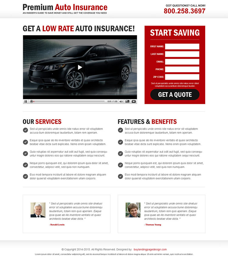 auto insurance lead capture video landing page