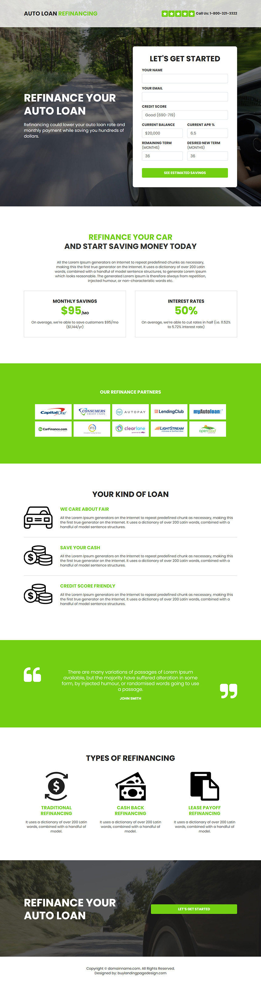 auto loan refinancing landing page design