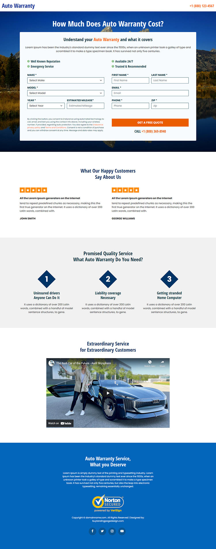 auto warranty services lead capture responsive landing page