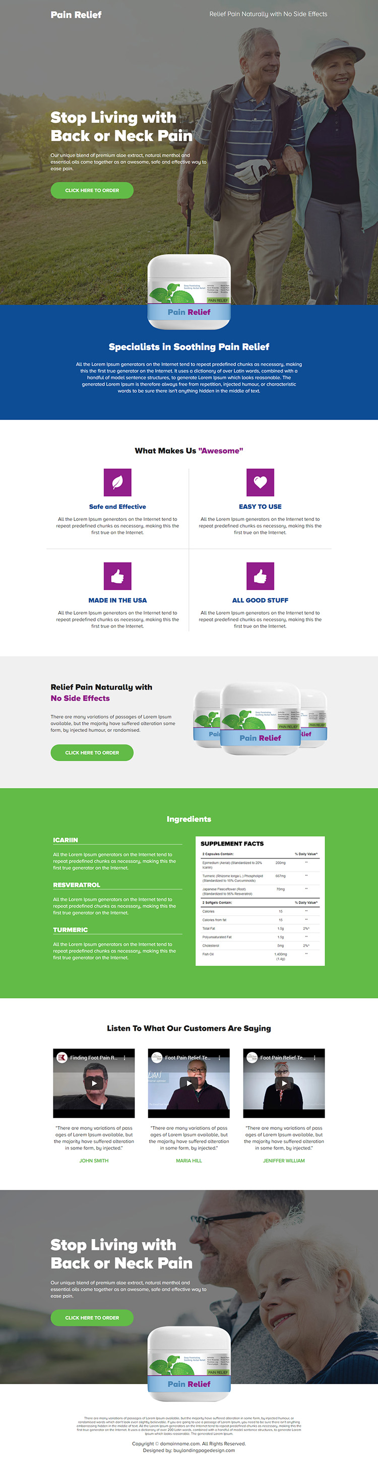 pain relief product responsive landing page design