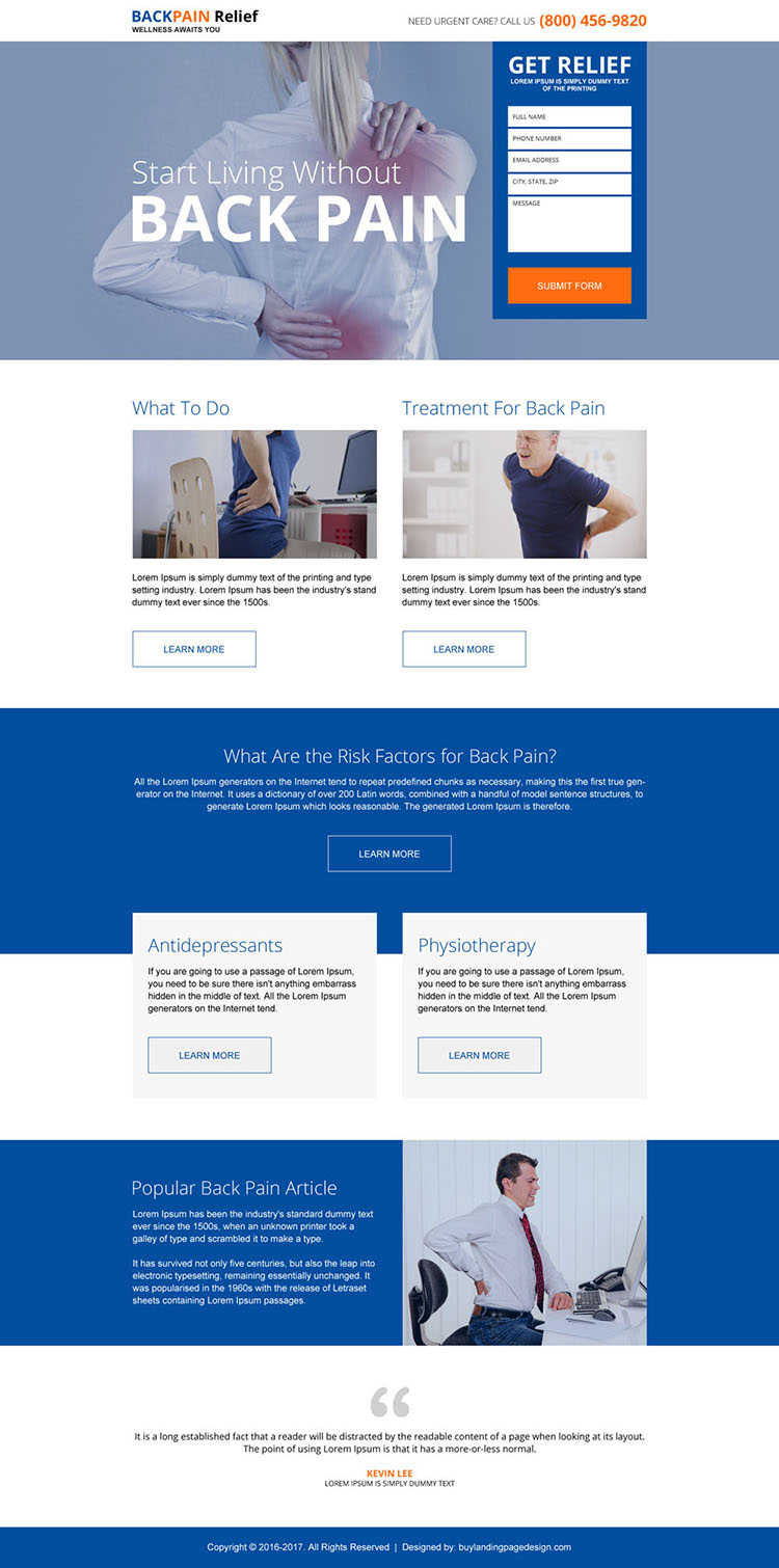 back pain relief treatment landing page design