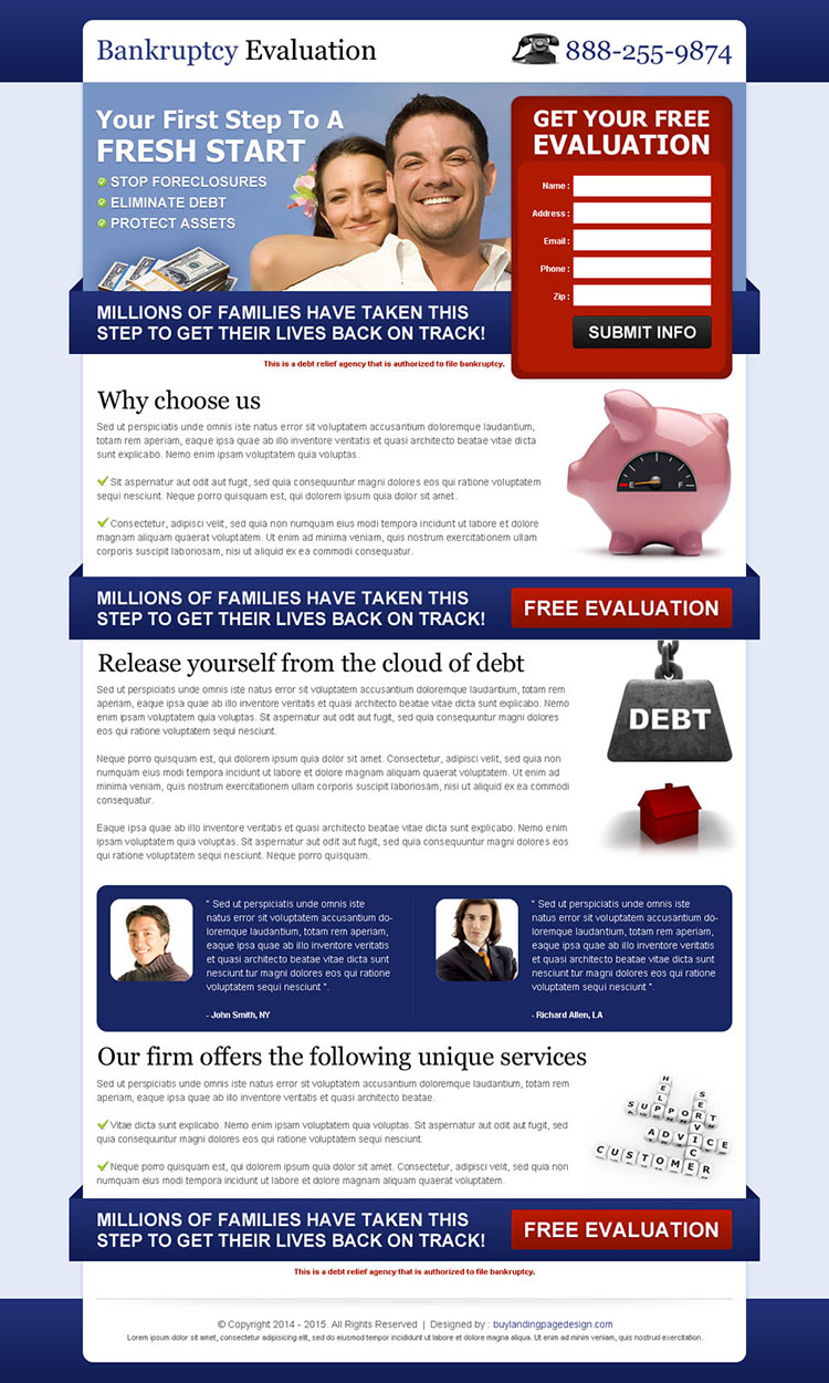 bankruptcy free evaluation effective and appealing debt lead gen landing page