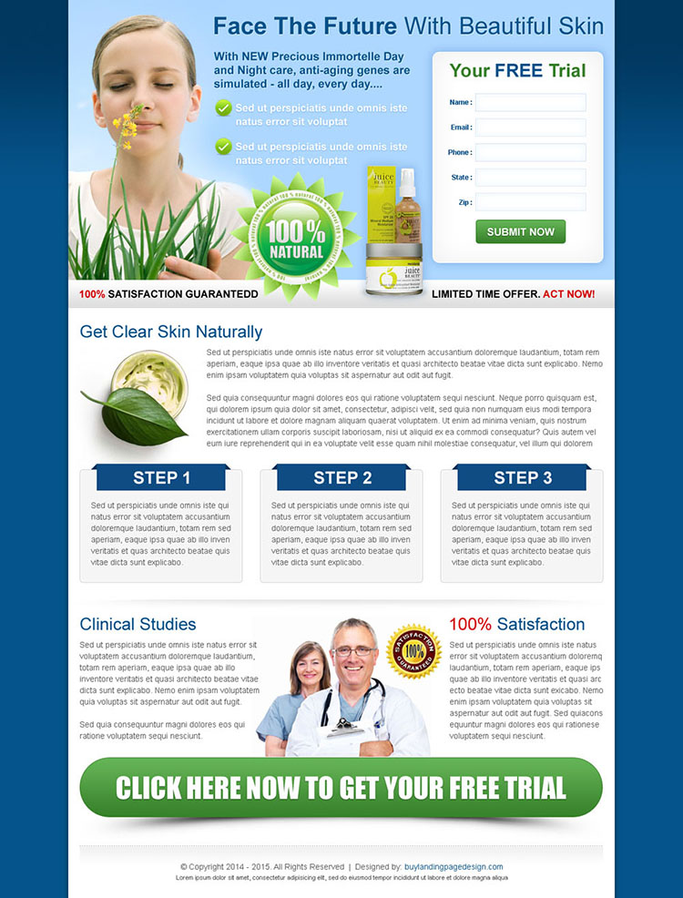 get clear skin naturally beauty product clean and conversion oriented lead capture landing page