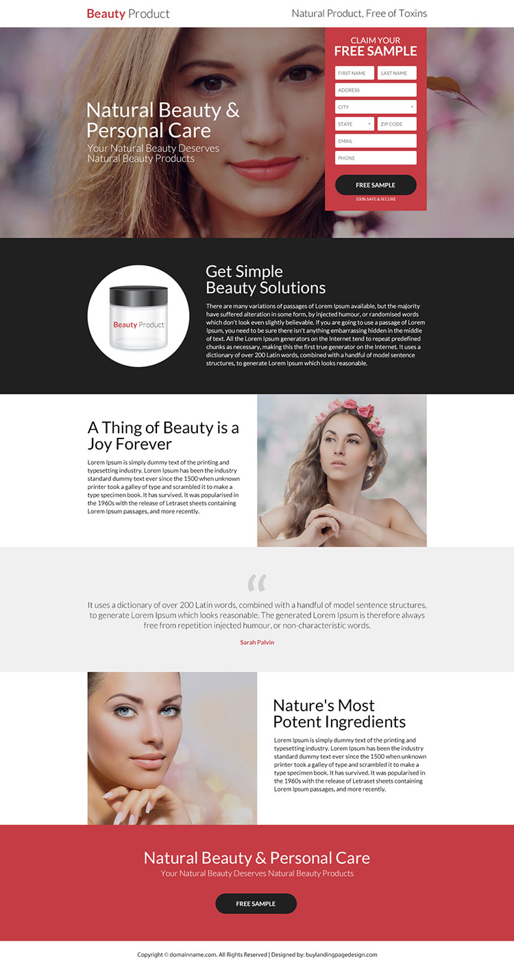 natural beauty and personal care landing page design