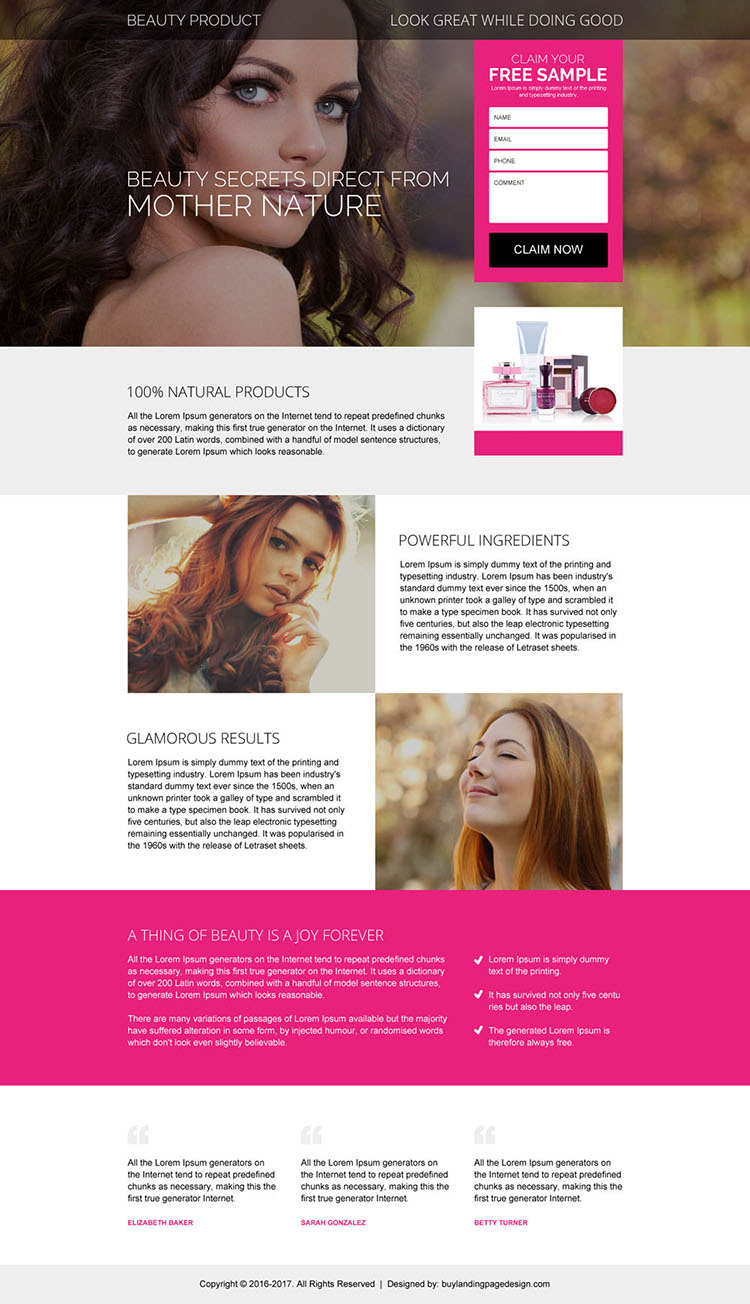 beauty product free sample claiming landing page design