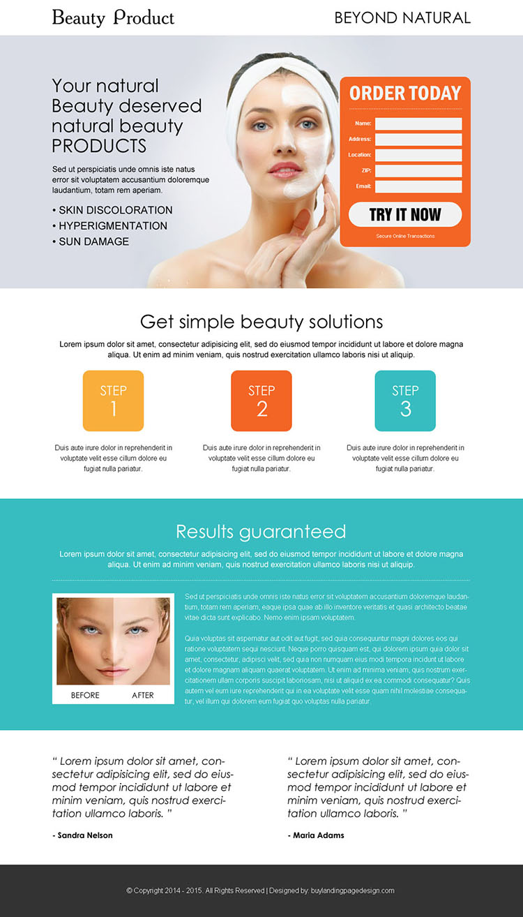 beauty product lead capture responsive landing page design