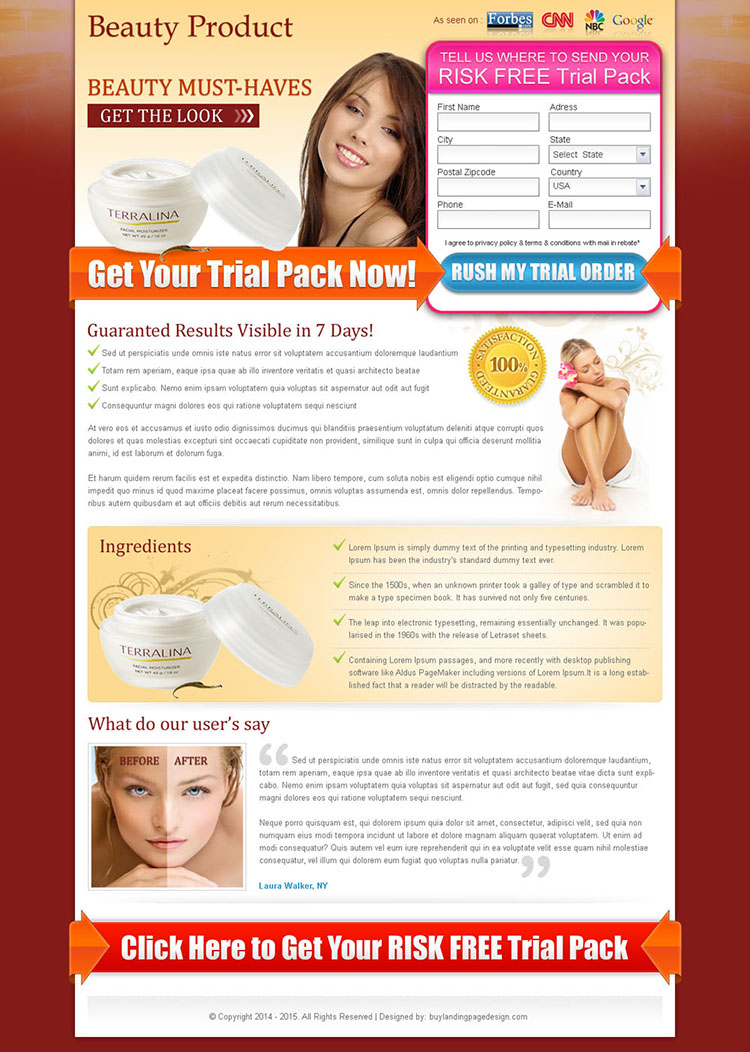 beauty product risk free trial 2 column lead capture landing page design