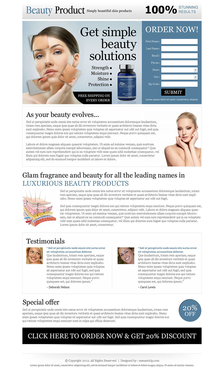 simple beauty product solutions order now lead capture landing page design