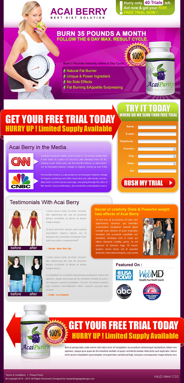 effective and converting acai berry weight loss landing page design template for sale