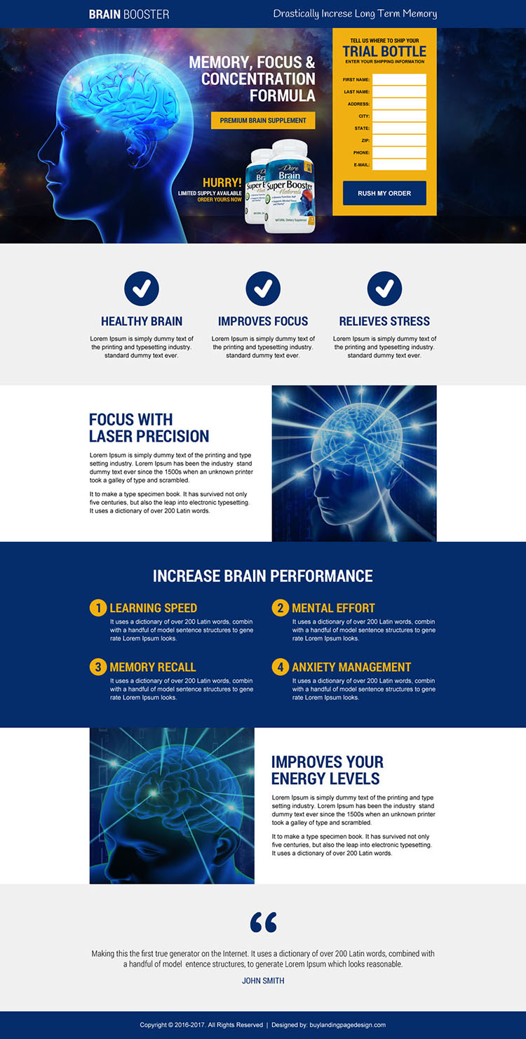 responsive brain booster supplement landing page design