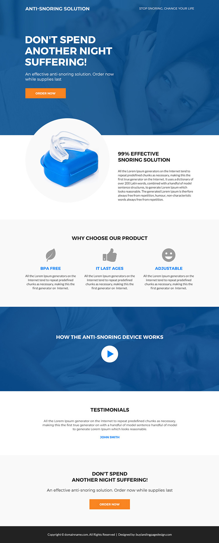 anti snoring device selling bootstrap landing page