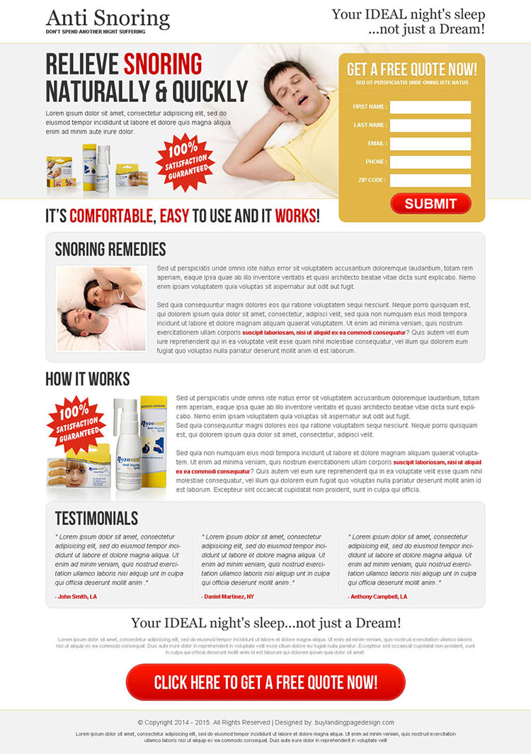 relieve snoring naturally and quickly anti snoring product clean and highly effective lead capturing landing page