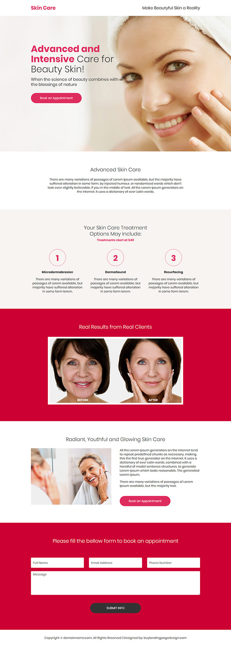 advanced skin care treatment responsive landing page design