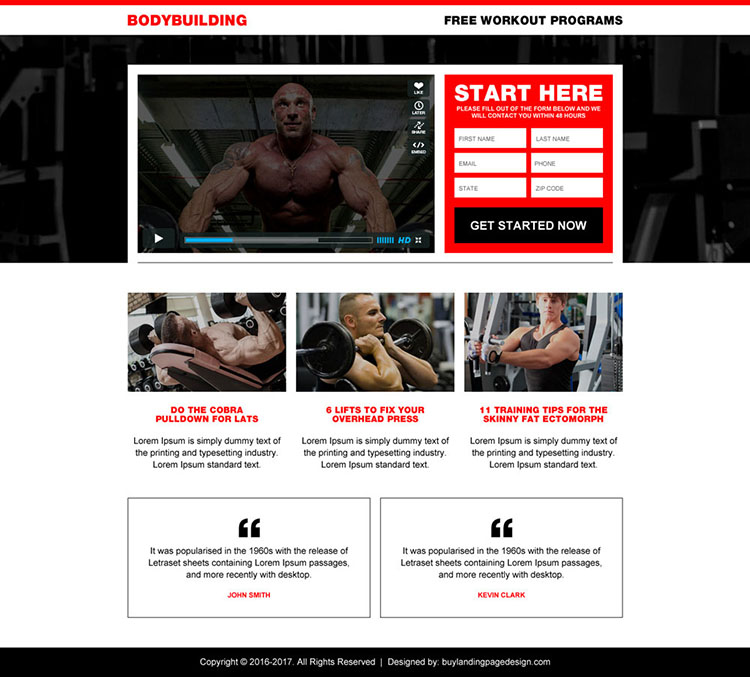 best body building workout video landing page design