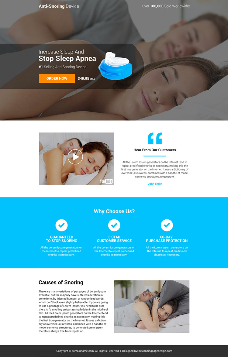 anti snoring device selling responsive landing page design