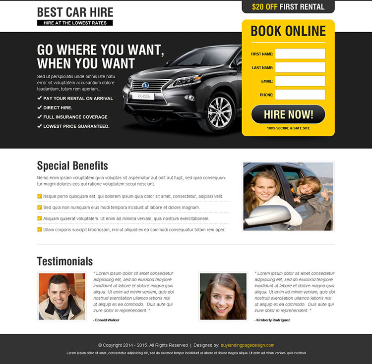 best car hire landing page design