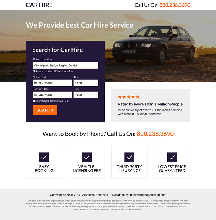 car hire service lead generating mini landing page design