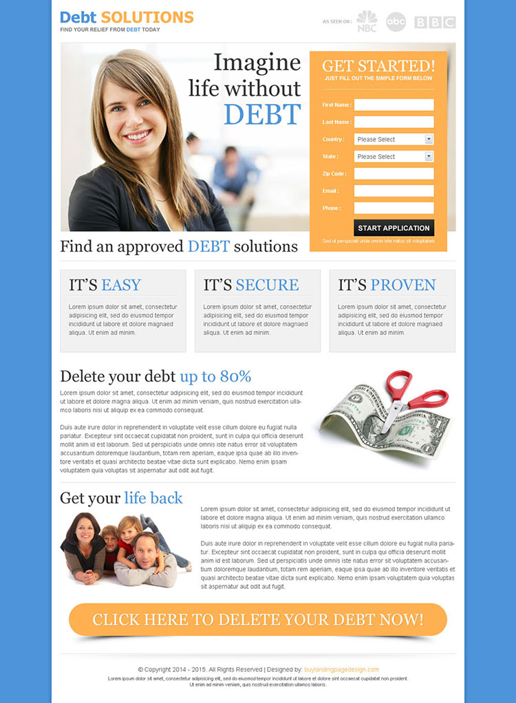 best converting debt lead capture responsive landing page design template