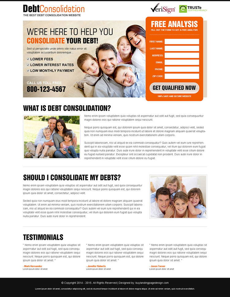 consolidate your debt clean and converting landing page design