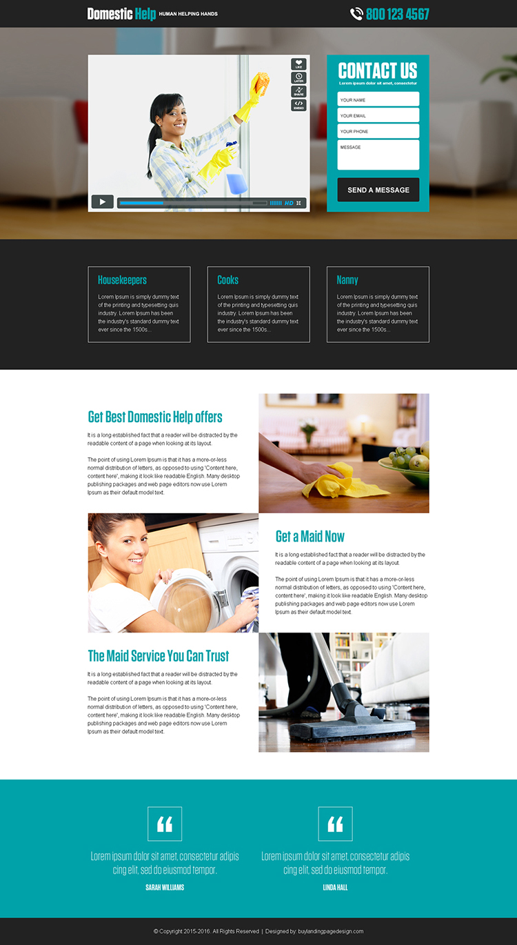 best domestic help video lead gen landing page design