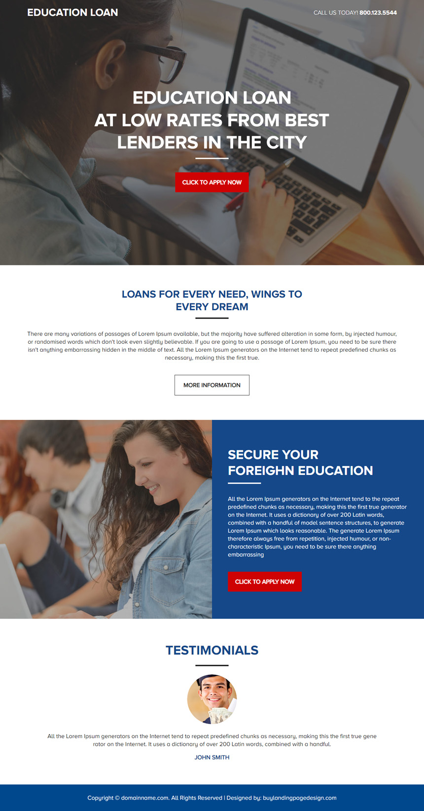 minimal education loan lead capture landing page design